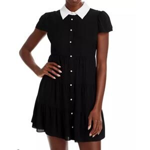 Alice + Olivia Meeko Collar Faux Leather Pearl Button Black Shirt Dress Sz 0 NWT